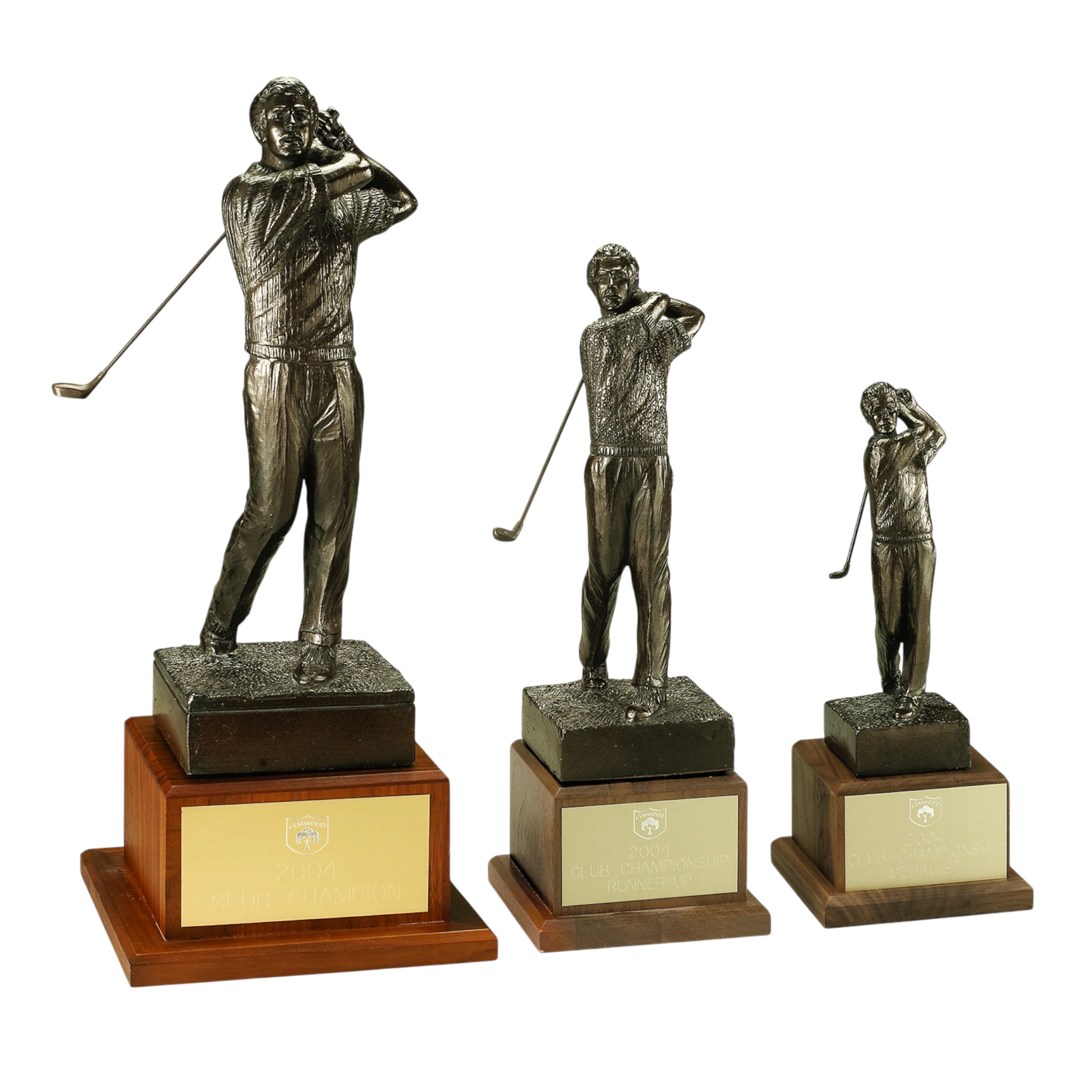 Antique Bronze Finished Male Golfer Swinging On Walnut Base