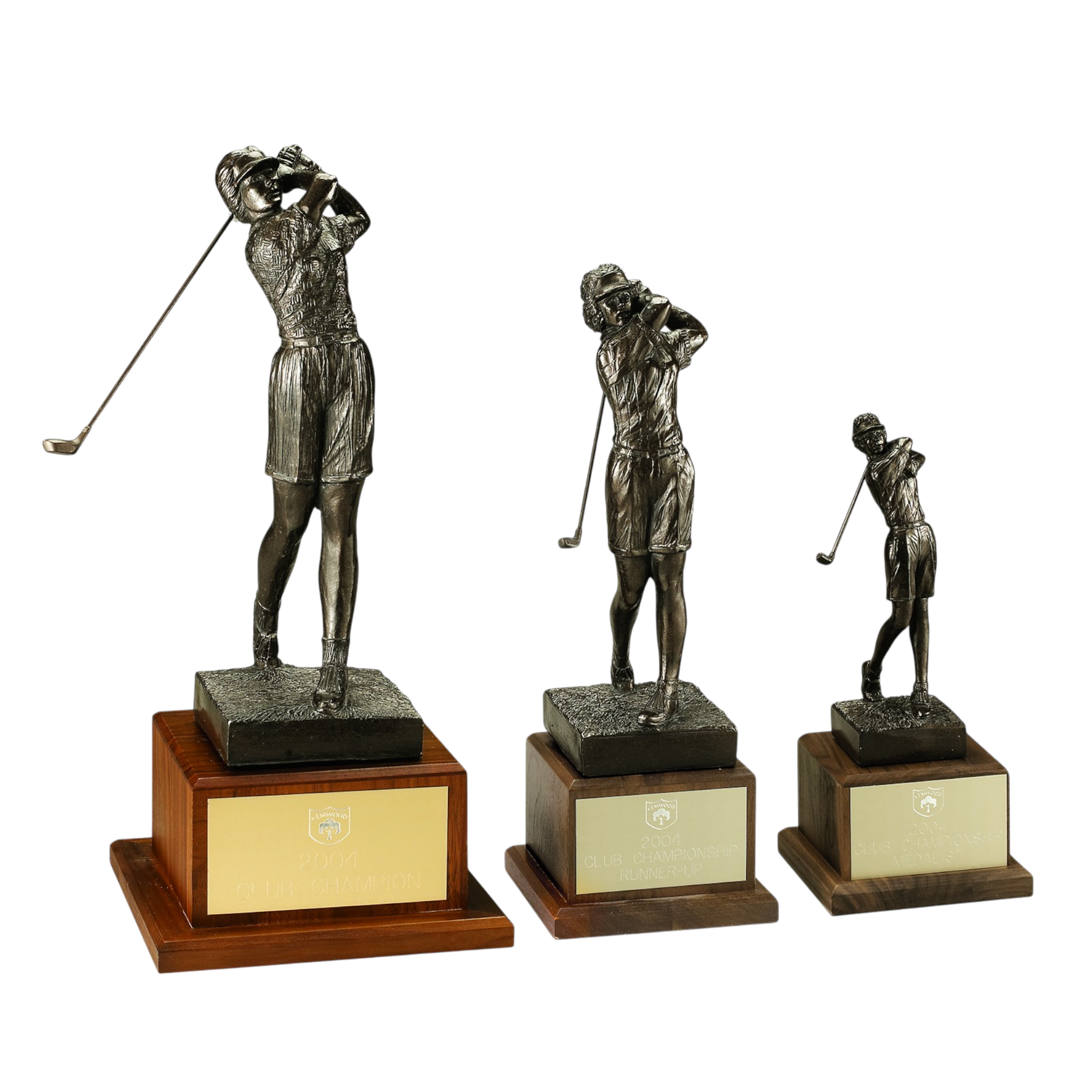Antique Bronze Finished Female Golfer Swinging on Walnut Base