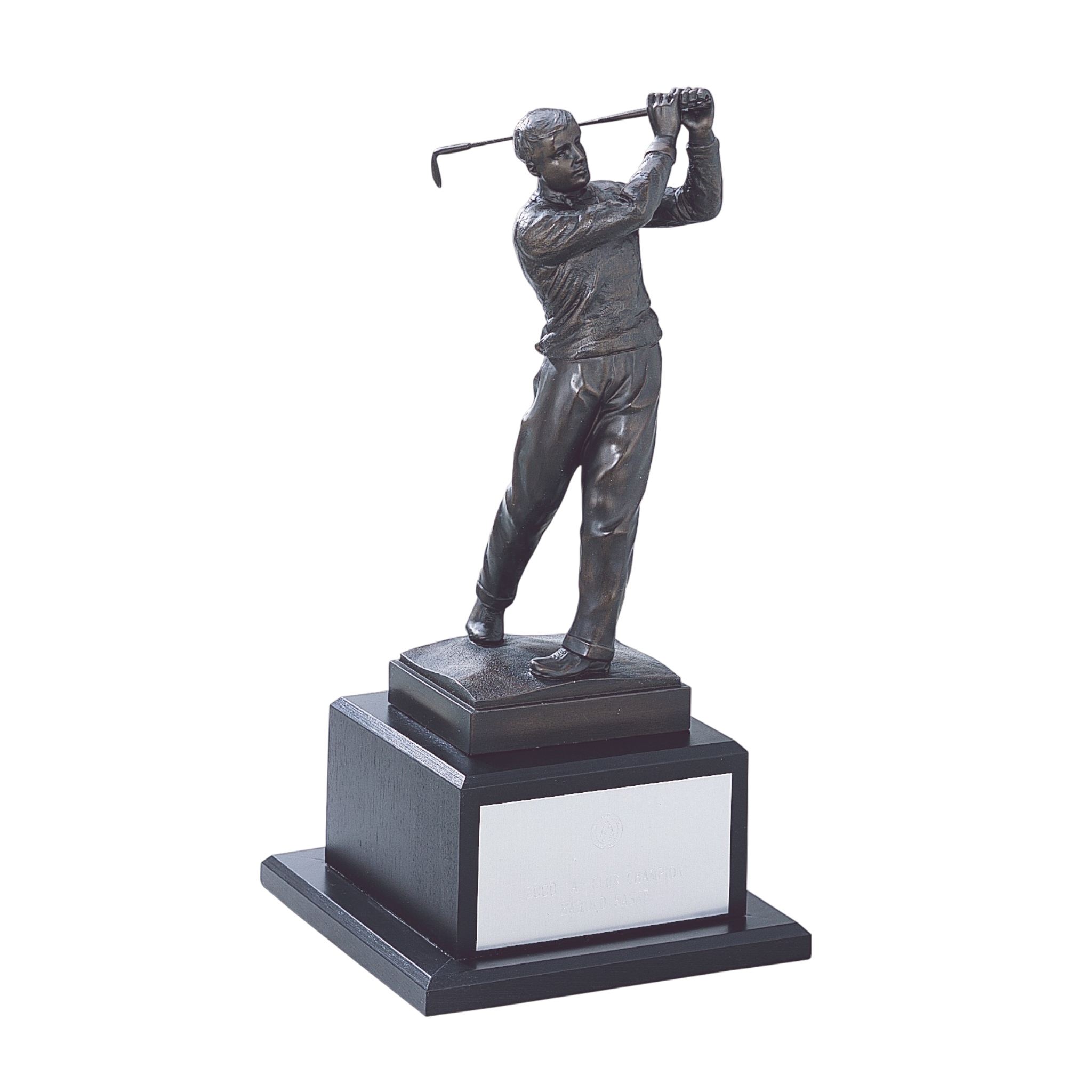 Antique Bronze Finished Contemporary Male Golf Sculpture On Black Wood Base