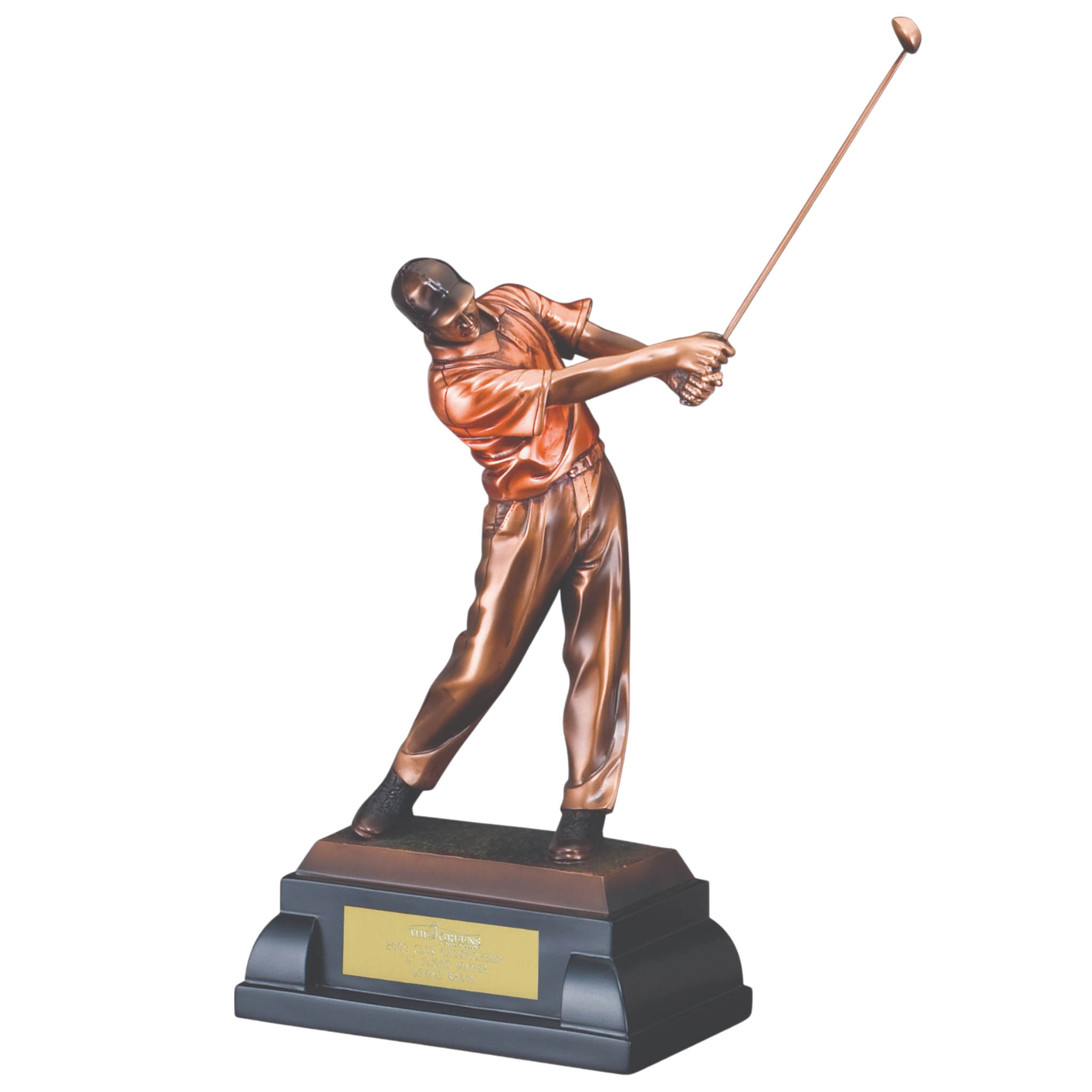 Copper-Tone Male Golf Sculpture On Black Wood Base