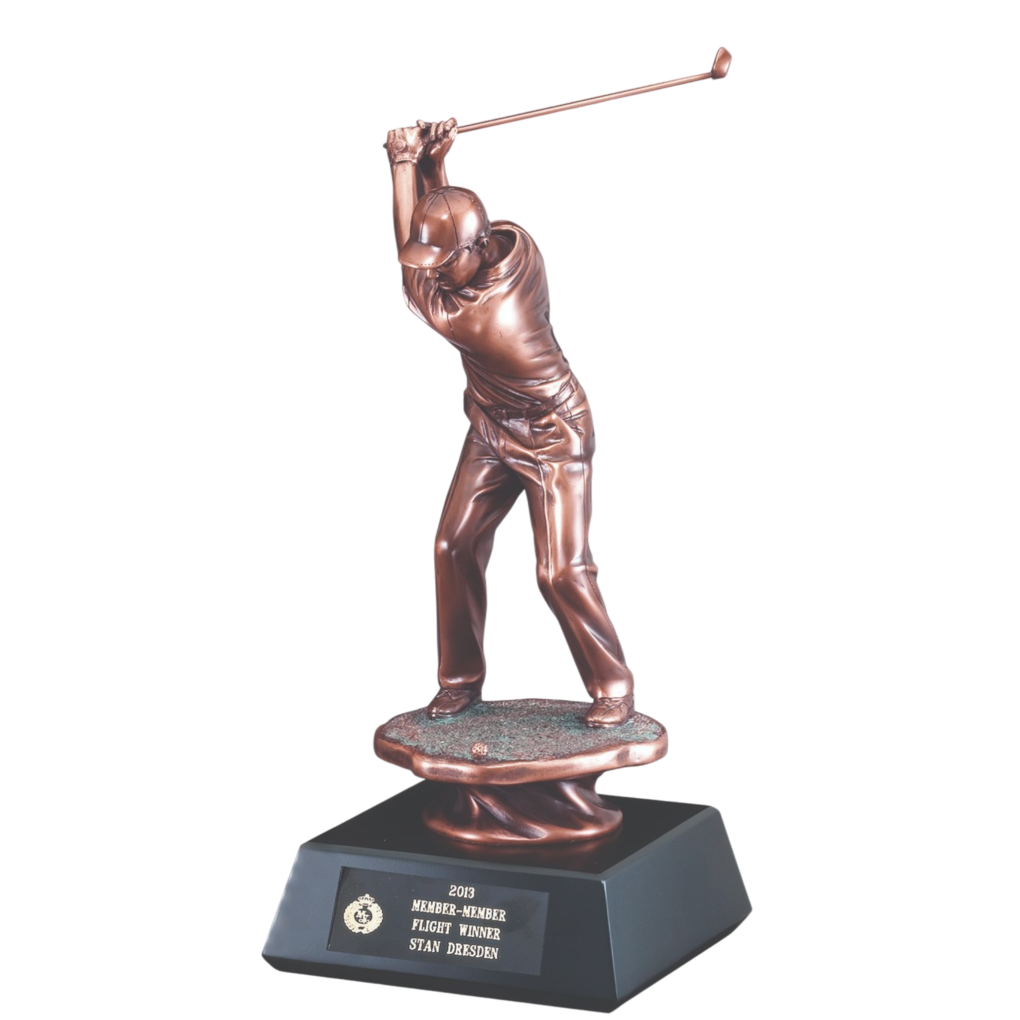 Male Swinging Golf Club On Black Wood Base