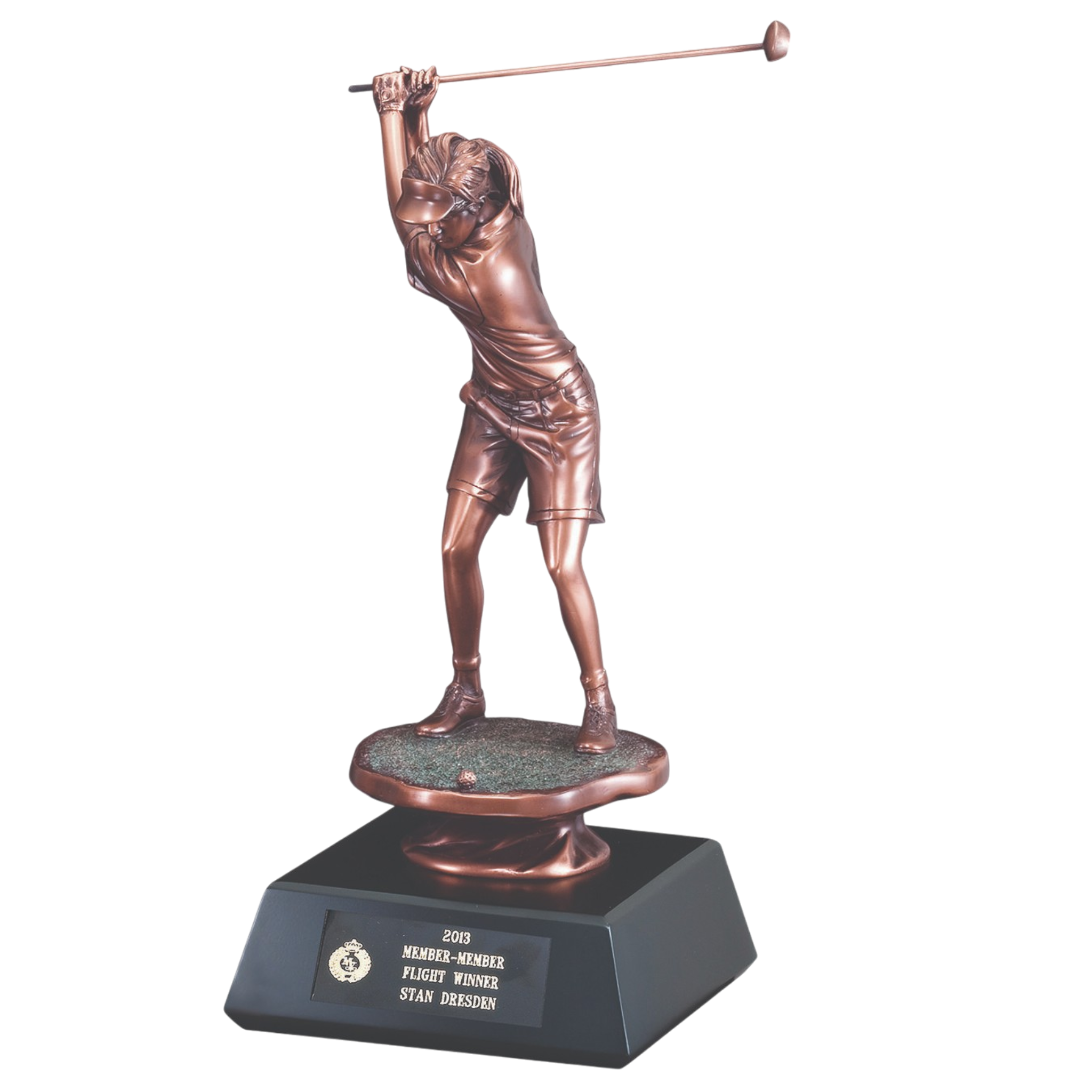 Female Swinging Golf Club On Black Wood Base