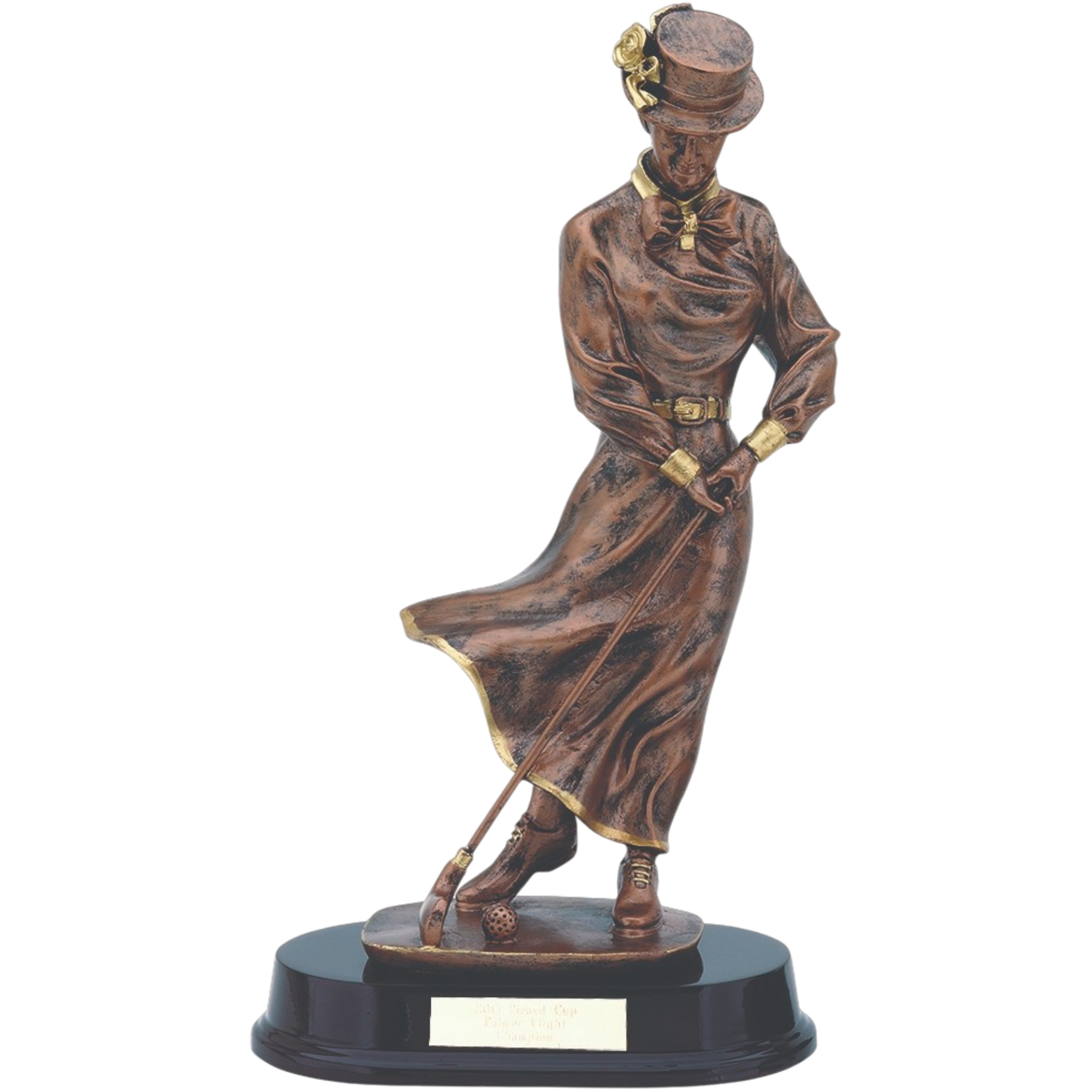 Copper-Tone Vintage Female Golfer On Rosewood Base