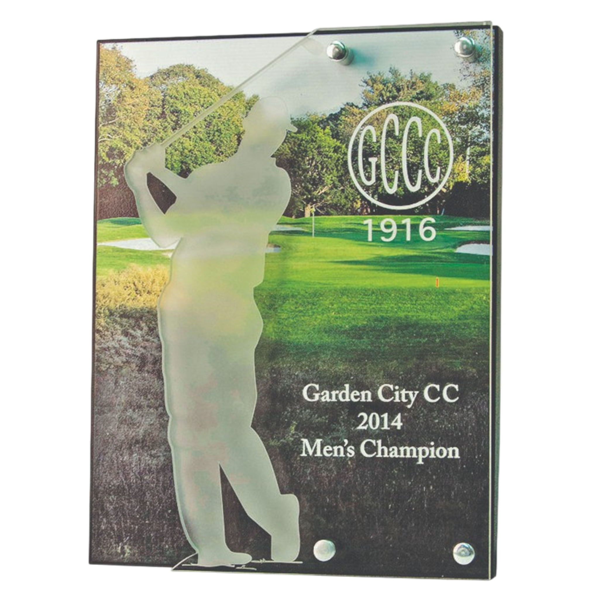 Lasered Cutout of Male Golfer With Logo & Text