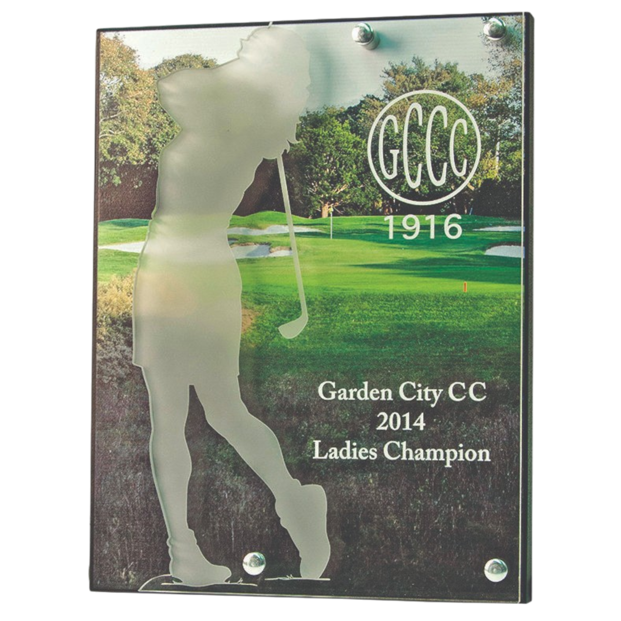 Lasered Cutout of Female Golfer With Logo & Text