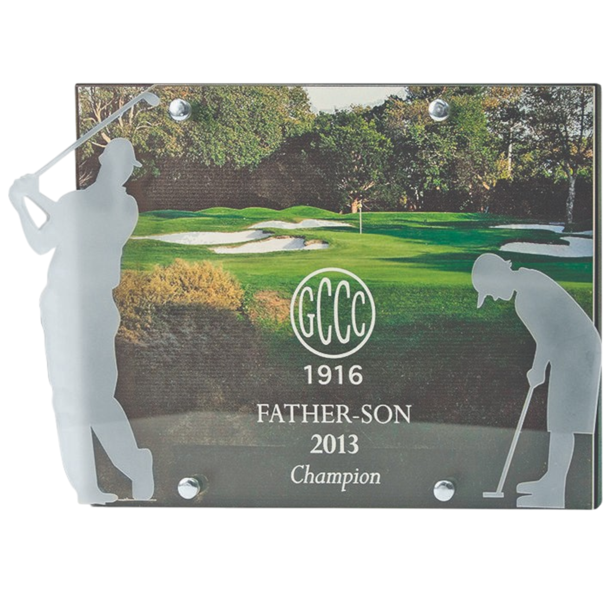 Lasered Cutout Of Father/Son Golf Partners With Logo & Text