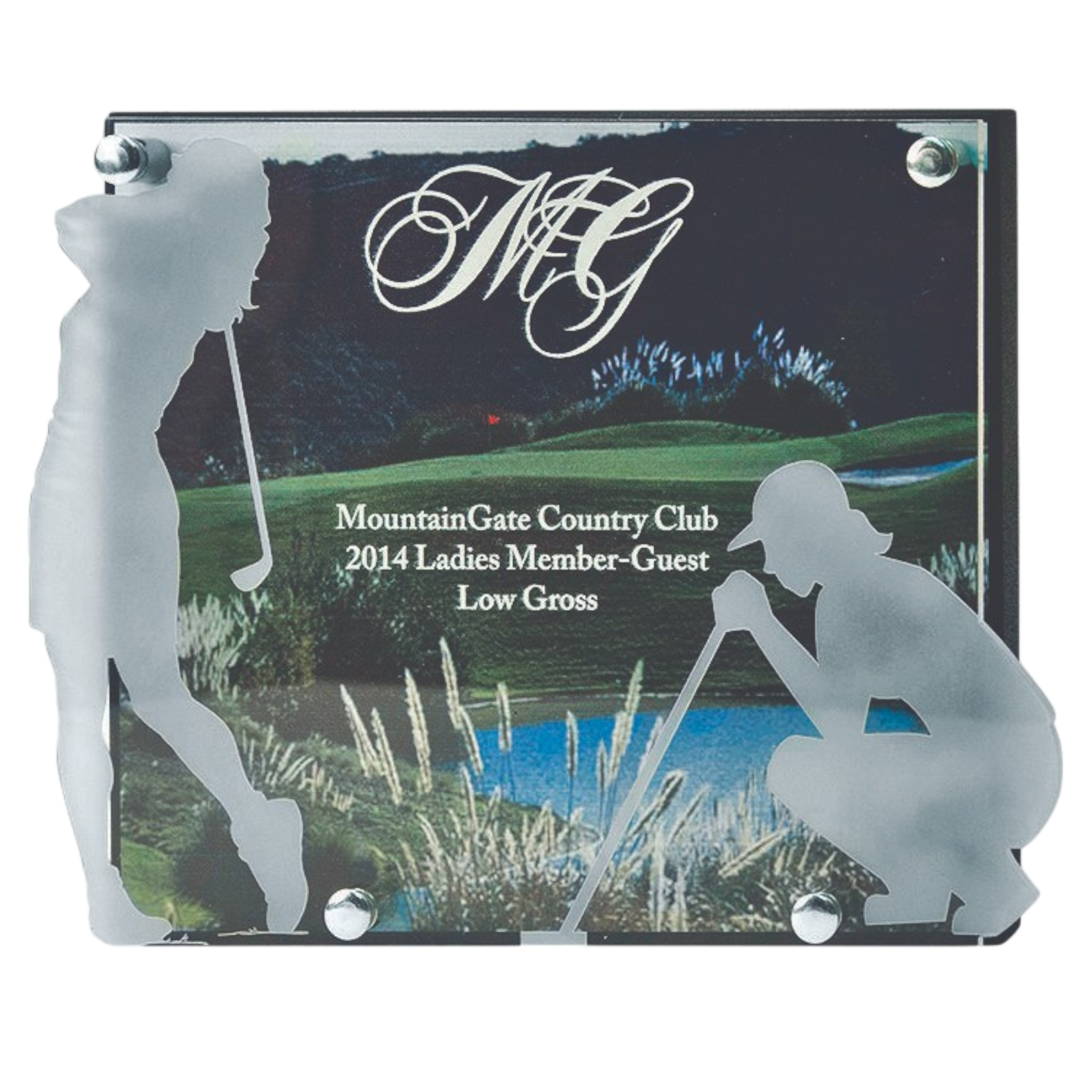 Lasered Cutout Of Female Golf Partners With Logo & Text