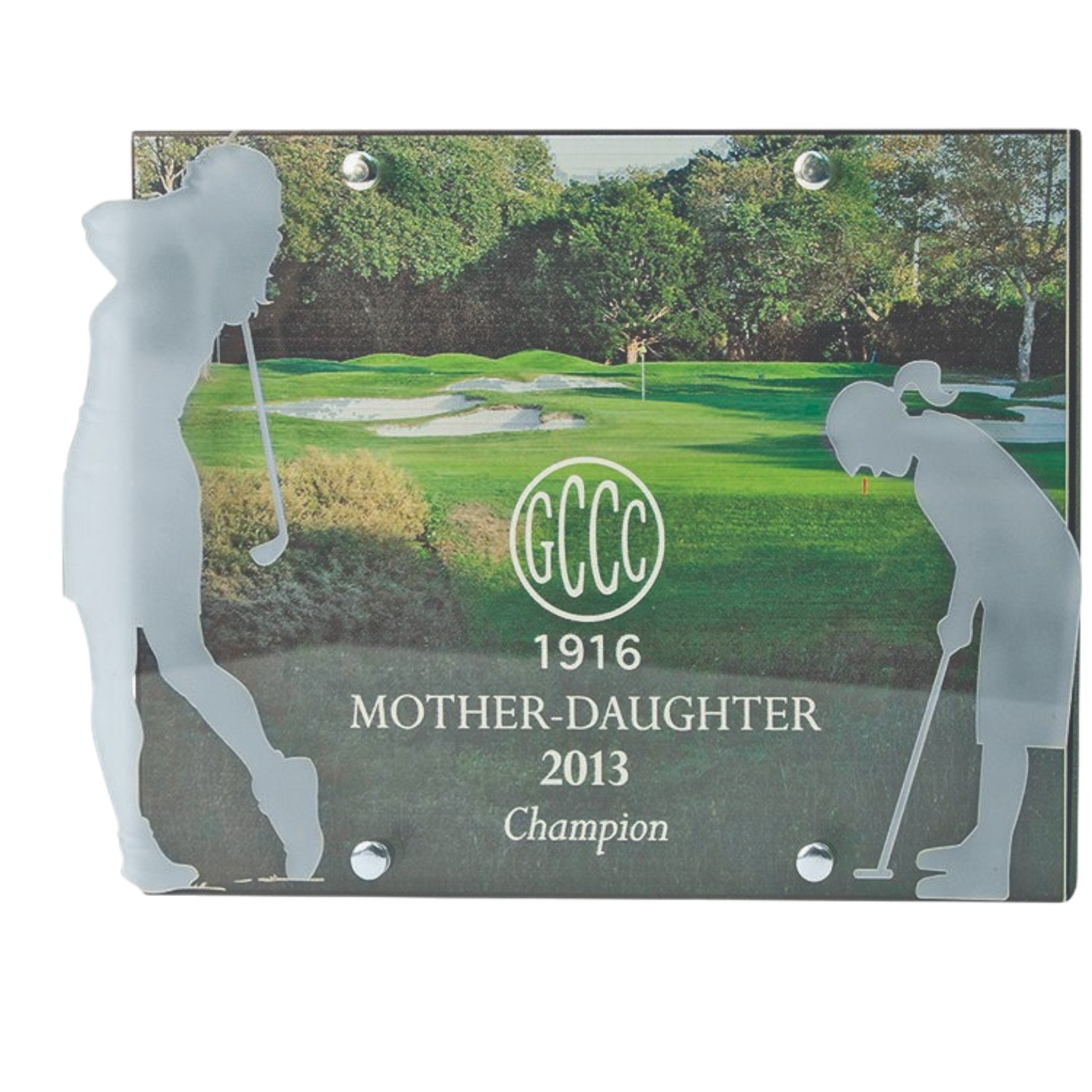 Lasered Cutout Of Mother/Daughter Golf Partners With Logo & Text
