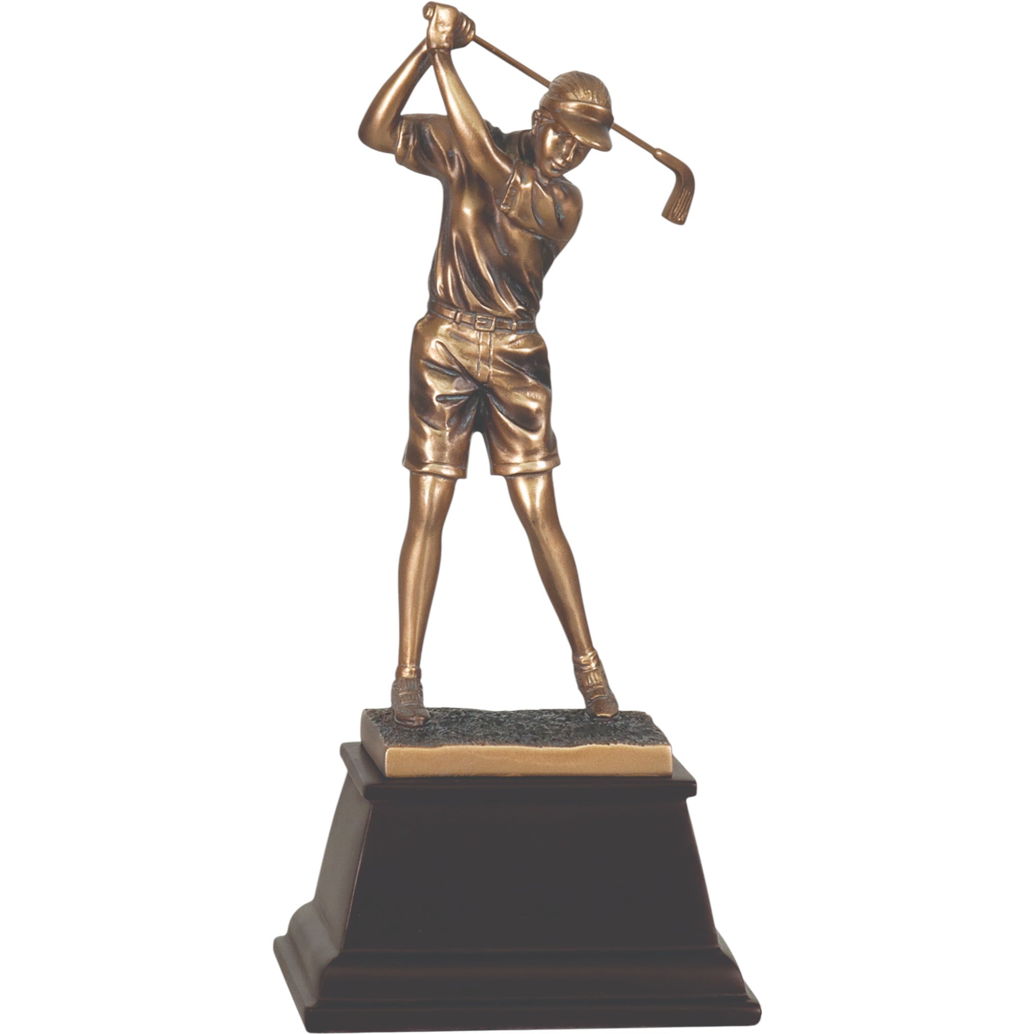 Copper-Tone Resin Female Golfer Swinging