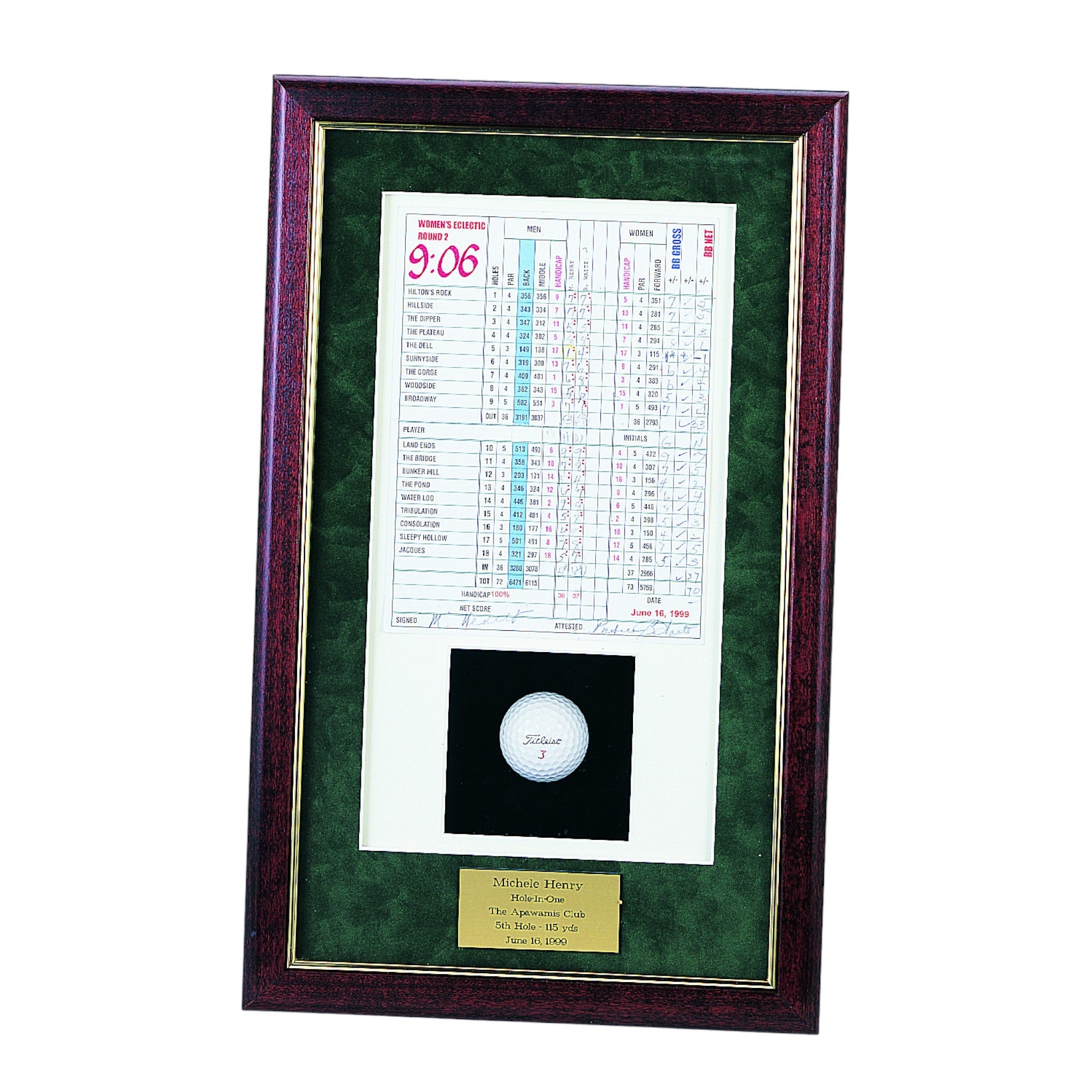 Rosewood Framed Hole-In-One Shadow Box with Scorecard, Ball and Plate