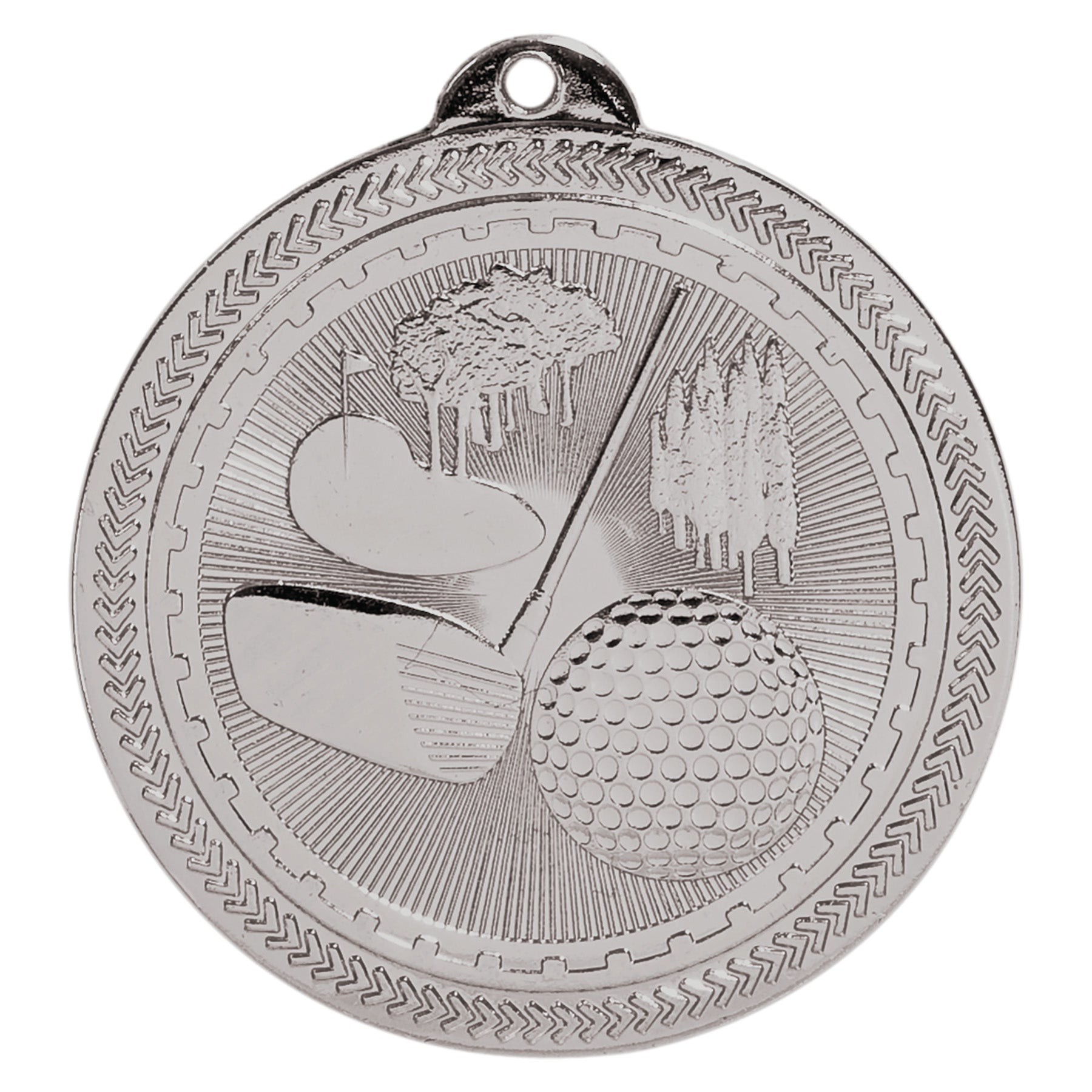 2" Golf Design Medal With Lasered Copy & Ribbon