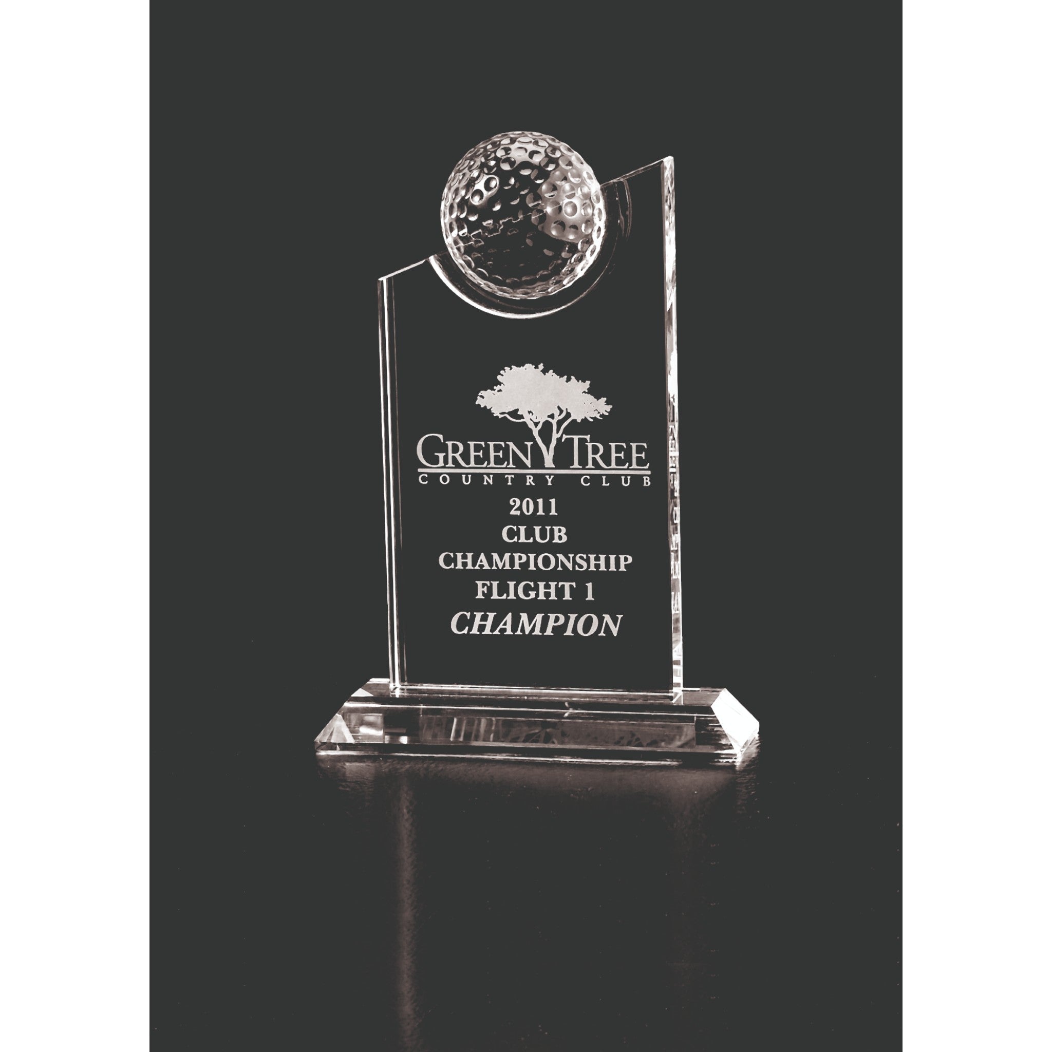 Crystal Pane Laser Engraveable Award with Golf Ball on Top