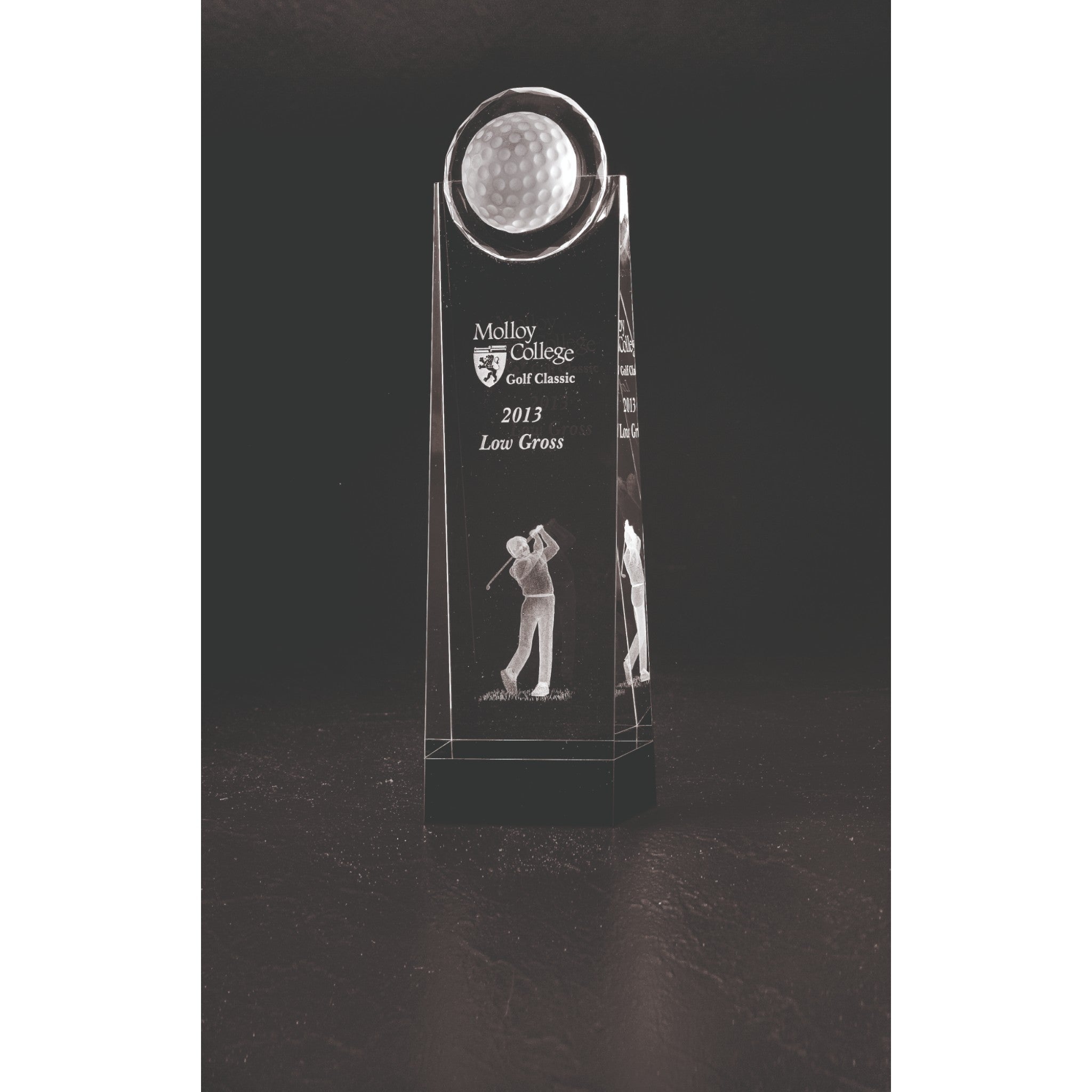 Etched Clear & Black Optic Crystal Tower With Golf Ball & Lasered 3D Figure Of Male Golfer