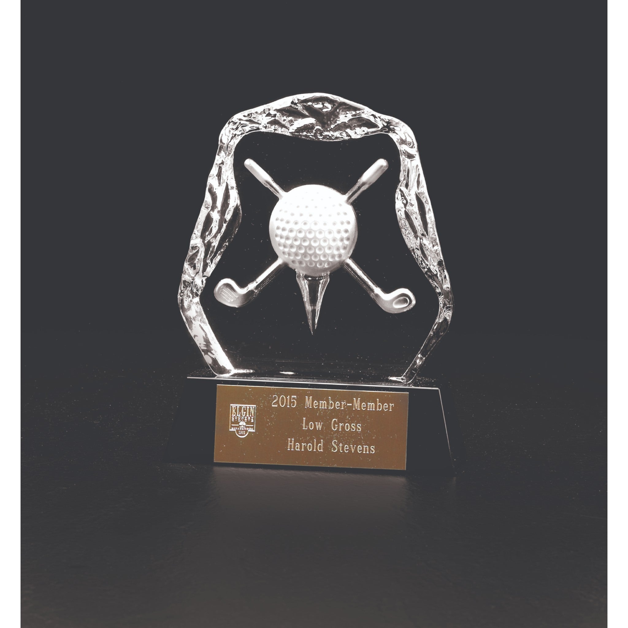 Crystal Iceberg with Crossed Golf Clubs and Ball on Black Crystal Base