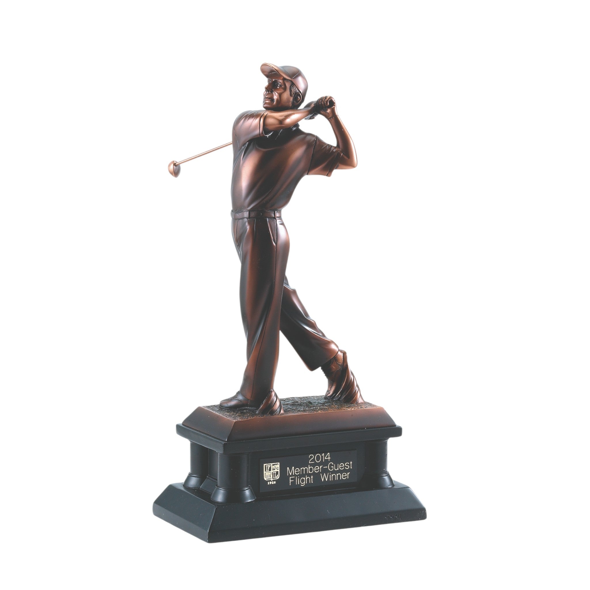 Male Golfer Holding His Finish On Black Wood Base