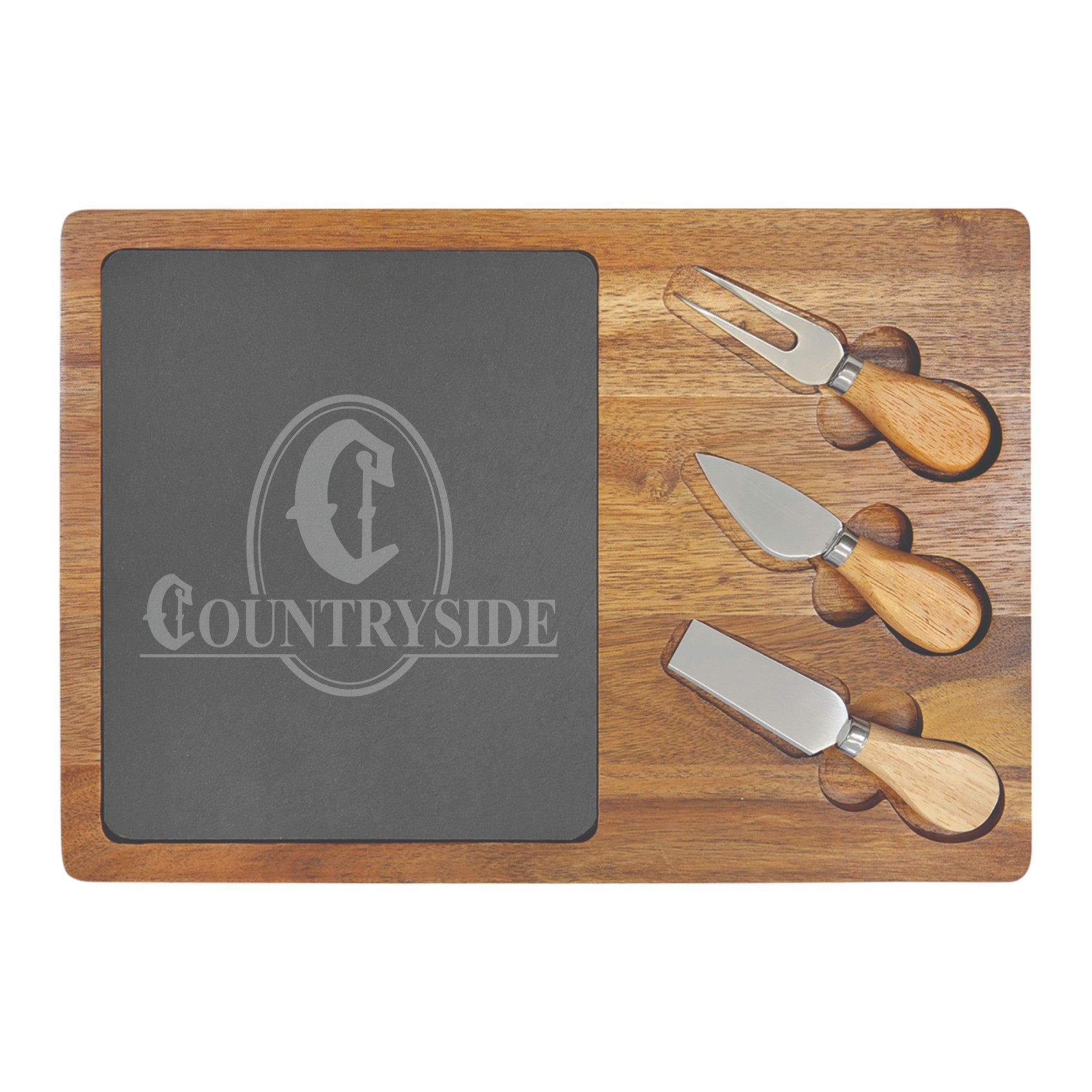 Rectangular Acacia Wood And Slate Cheese Board With Utensils