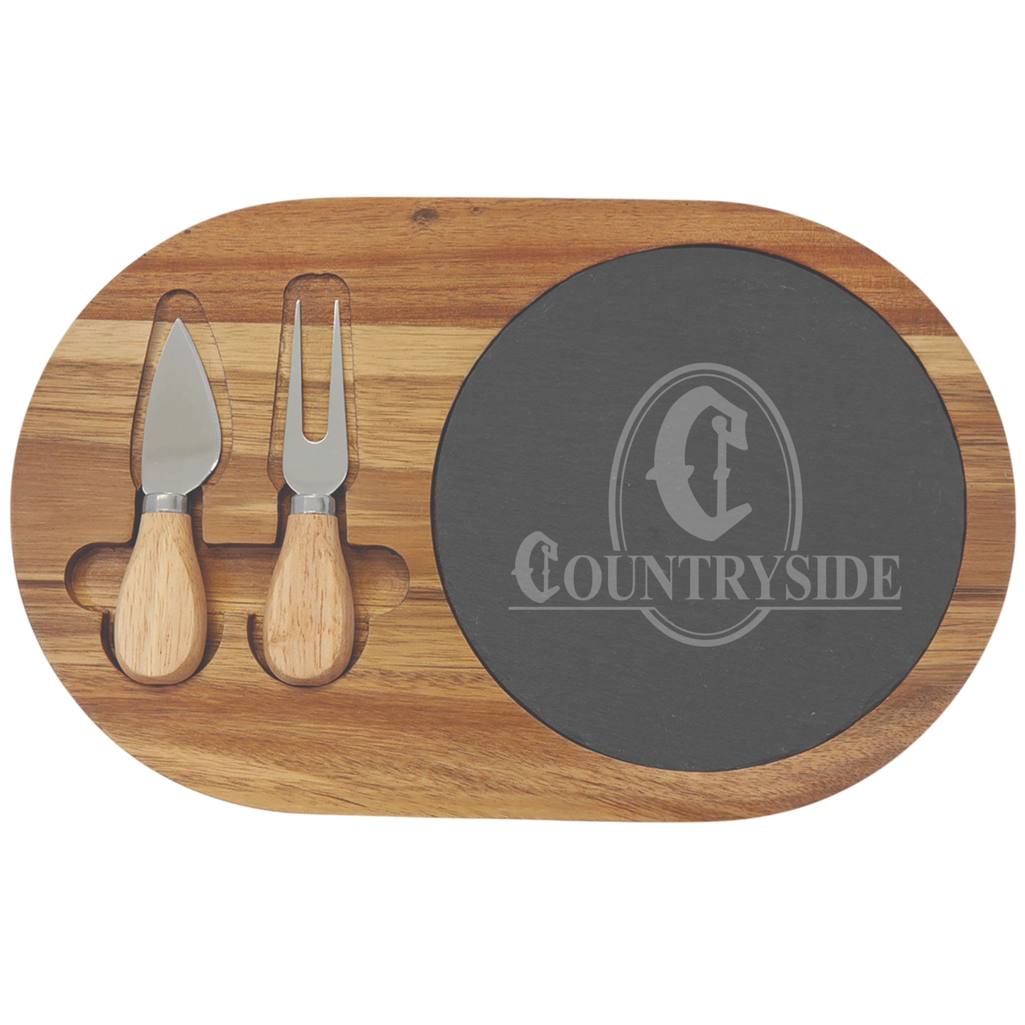 Rounded Acacia Wood And Slate Cheese Board With Utensils