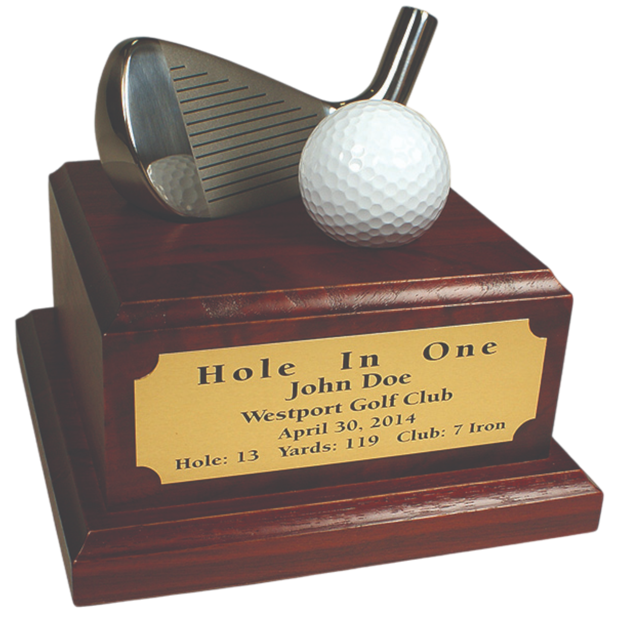 Wood Base Hole-in-One Award with Club Head, Ball and Plate