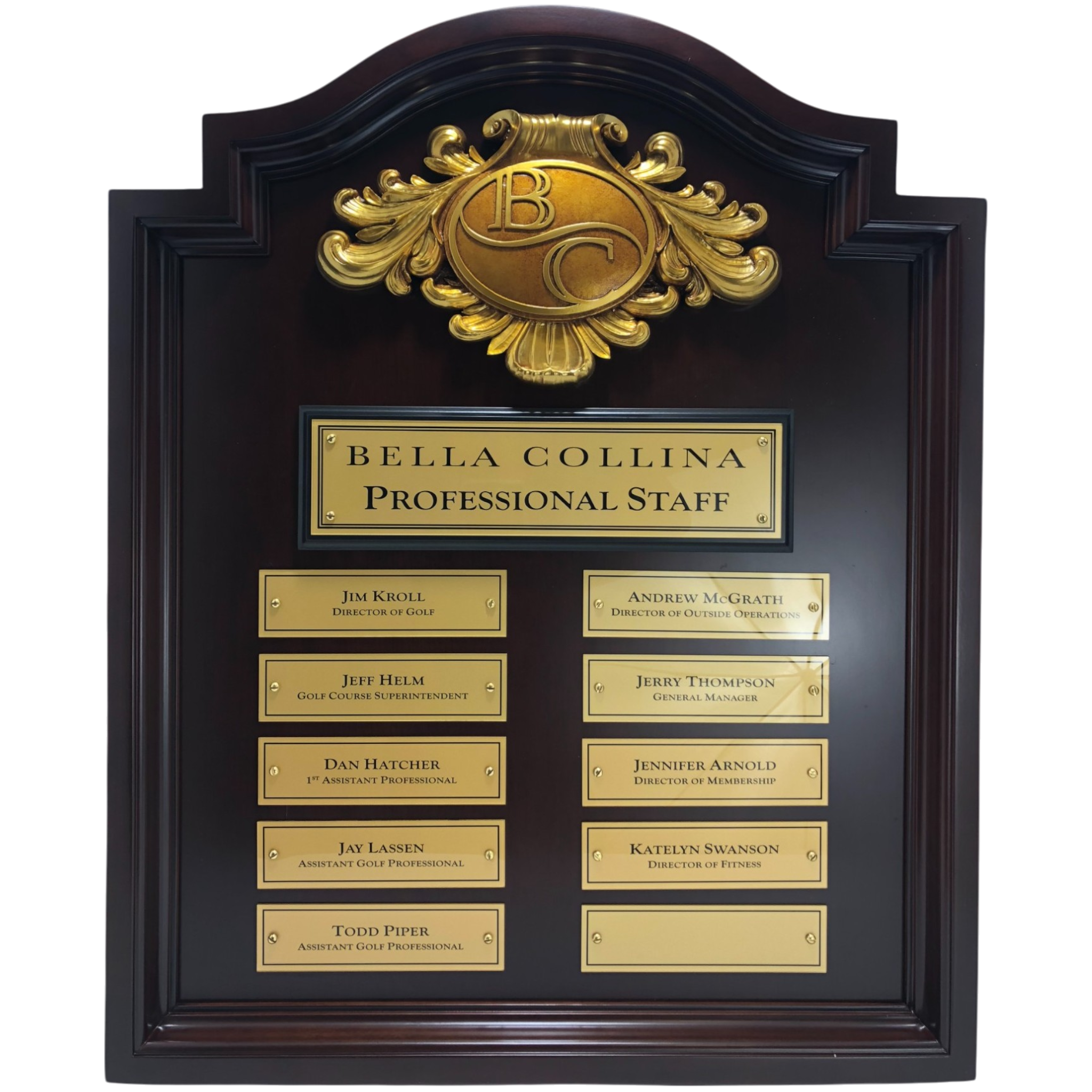 Custom Wood Bonnet Top Staff Panel with 3D Logo, Engraved Header and Body Plates