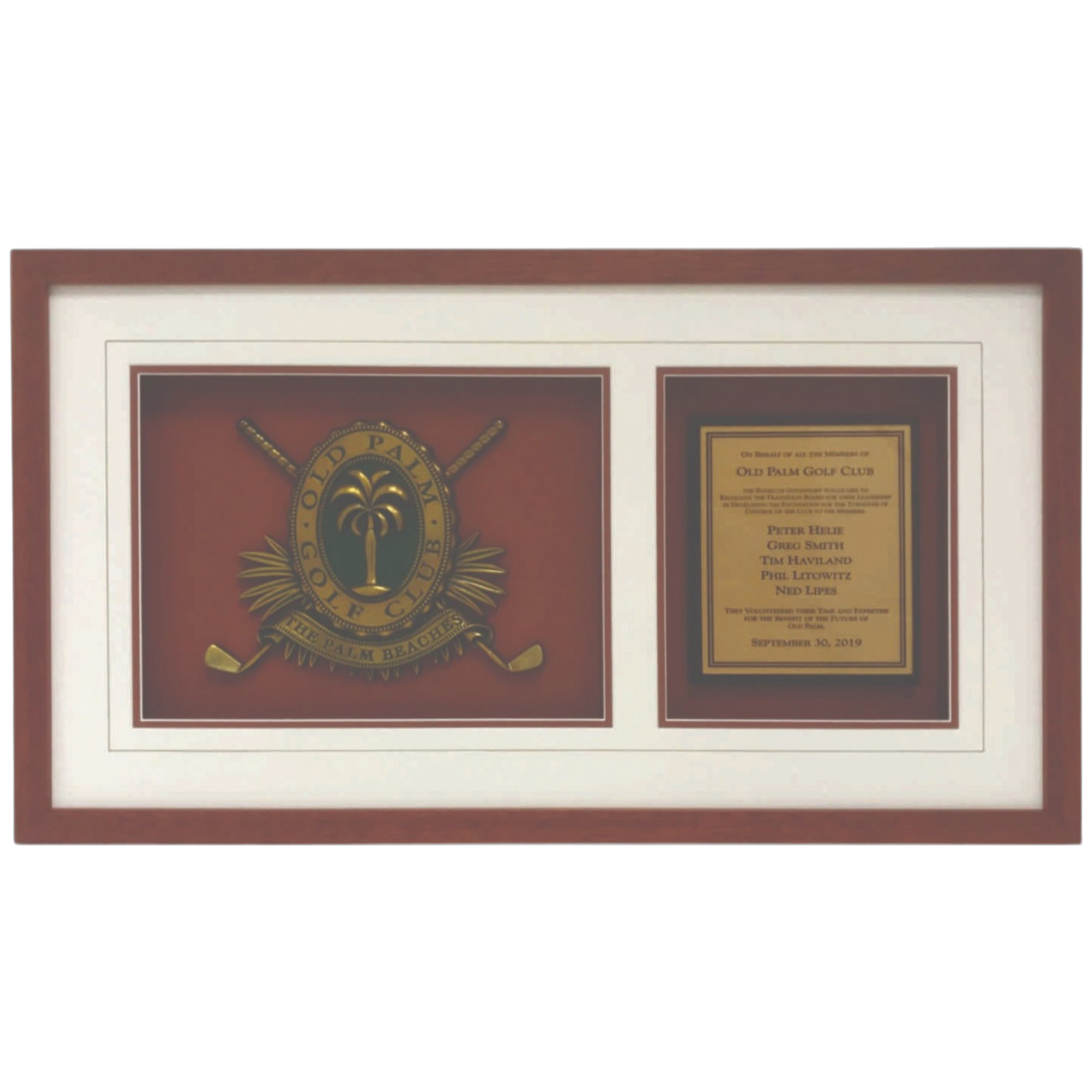 Custom Cherry Wood Framed Two-Window Shadow Box with Full Color Hand Painted 3D and Large Engraved Gold Metallic Plate