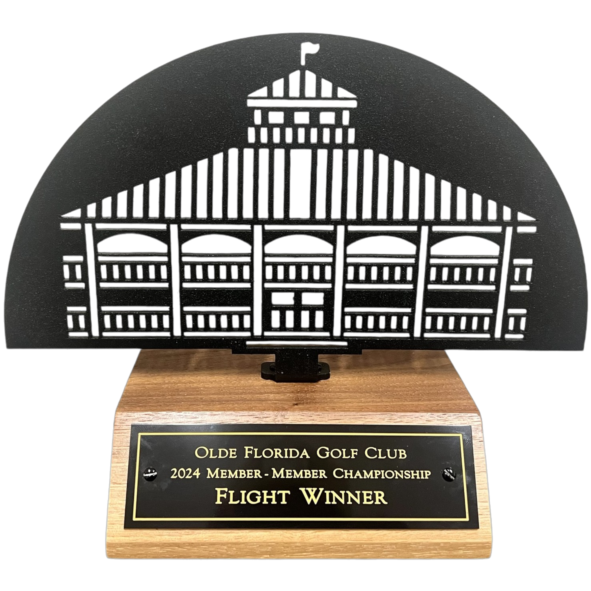 Angle Front Wood Base With Custom Cut Aluminum Logo and Engraved Plate