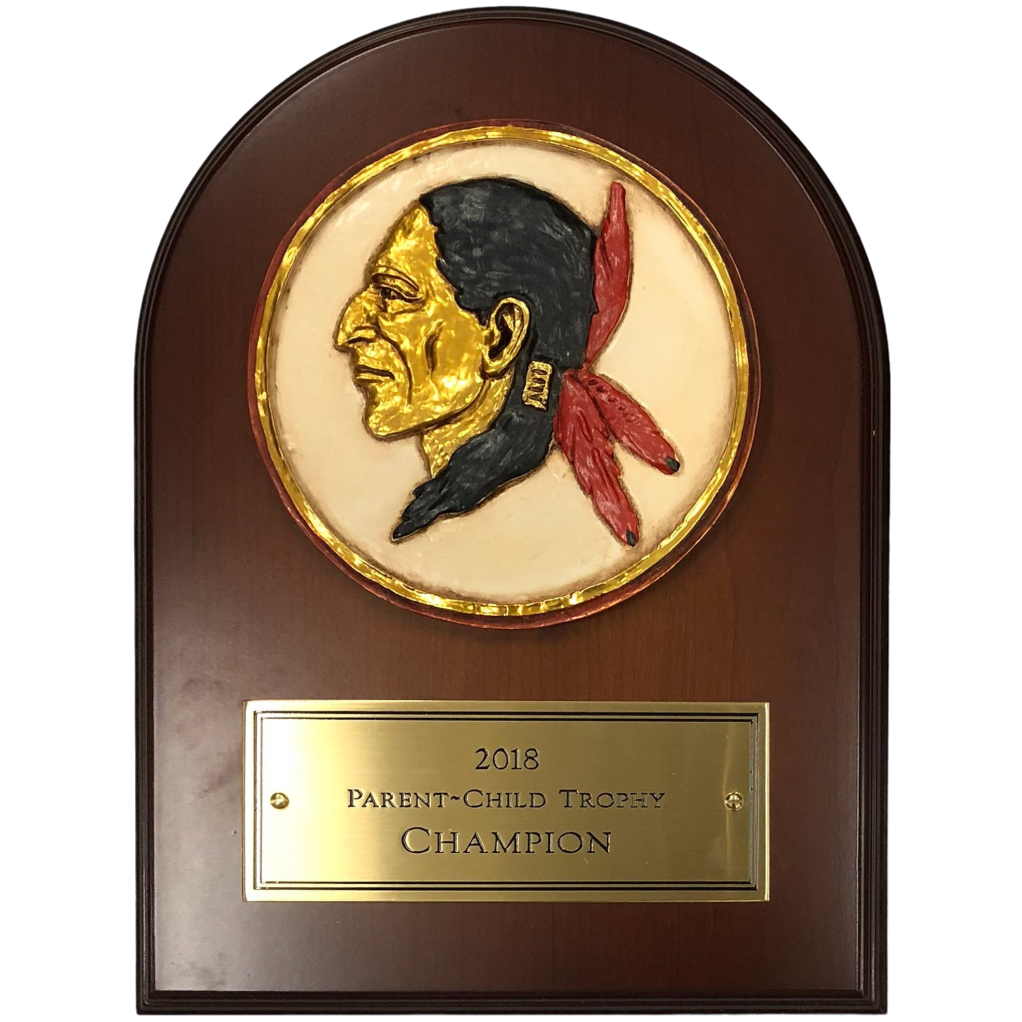 Large Cherry Wood Arch Top Wall Mount with Full Color 3D Logo and Engraved Brass Plate