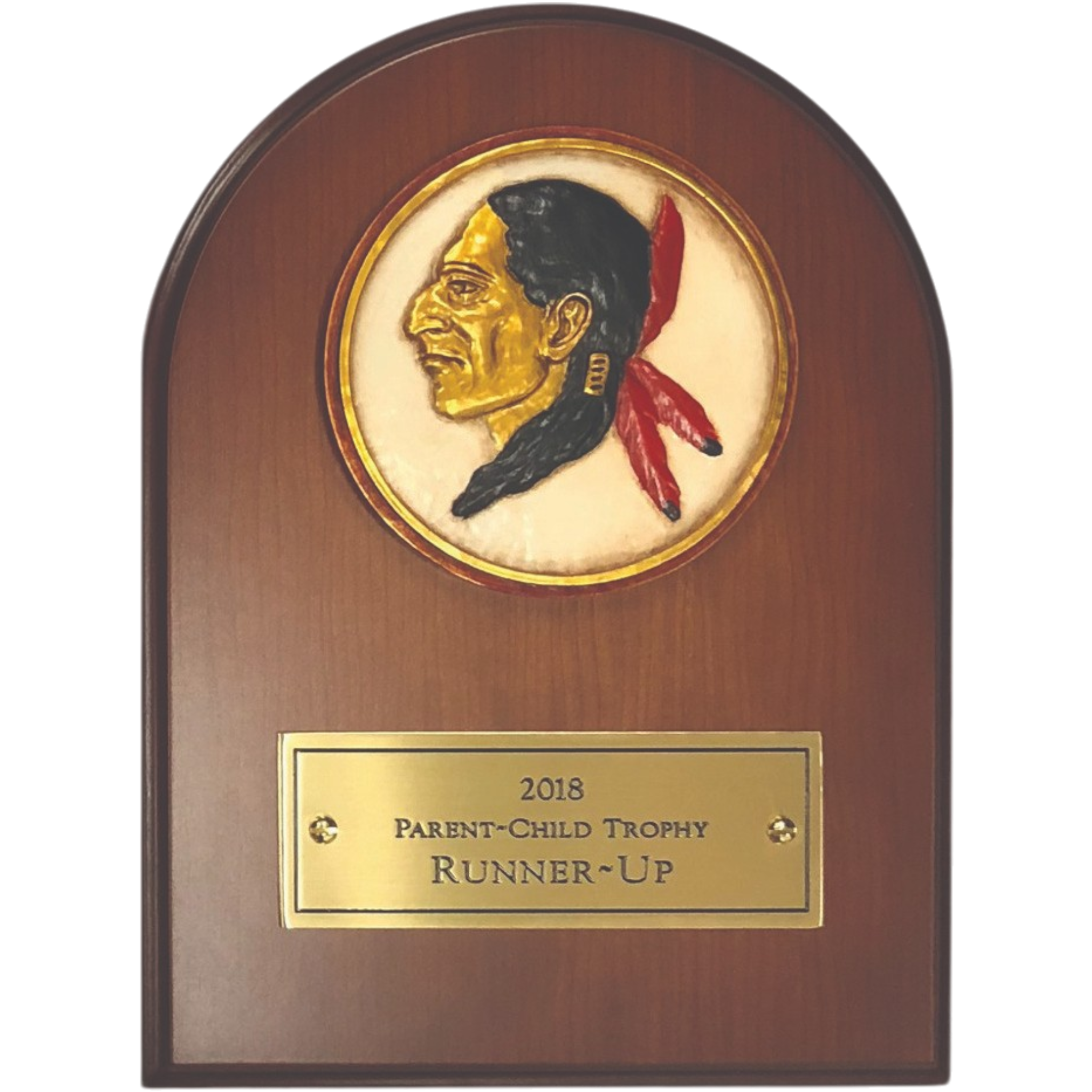 Small Cherry Wood Arch Top Wall Mount with Full Color 3D Logo and Engraved Brass Plate
