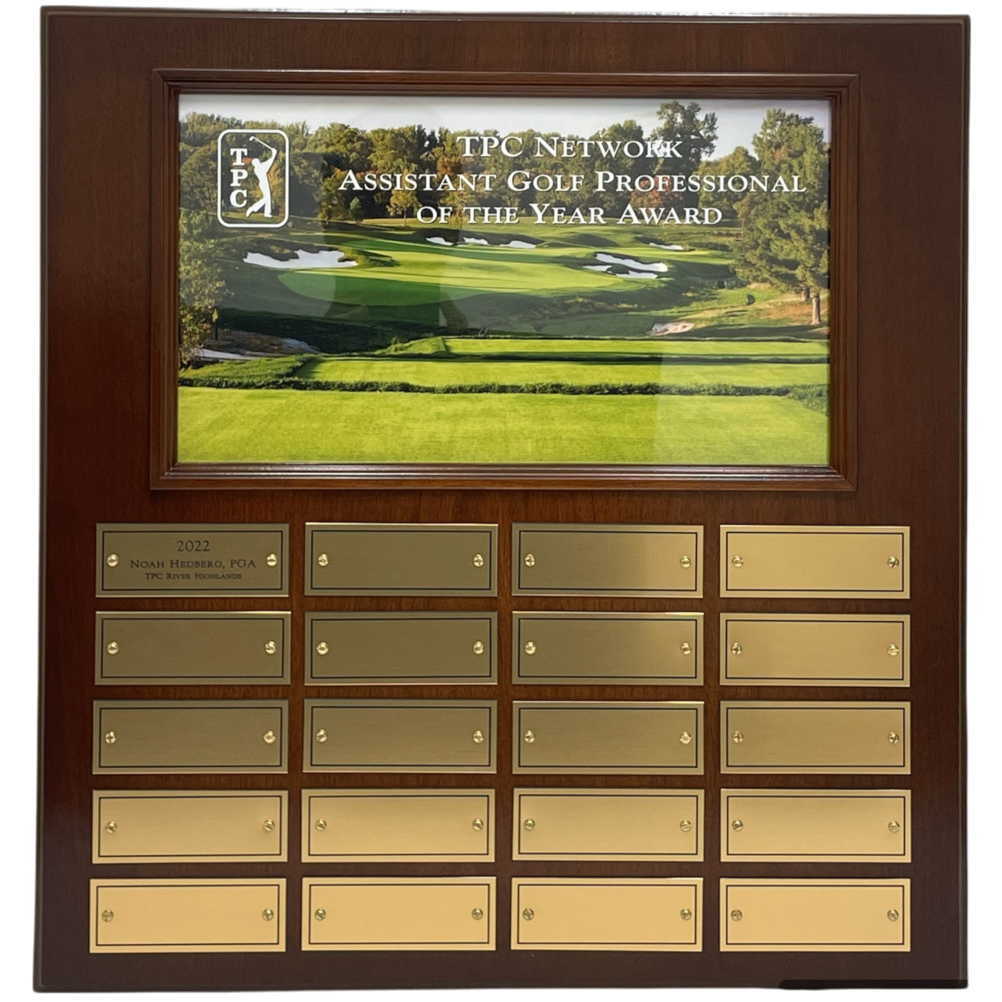 Custom Rectangular Single Pane Panel with Framed Photo as Header and Engraved Gold Plates