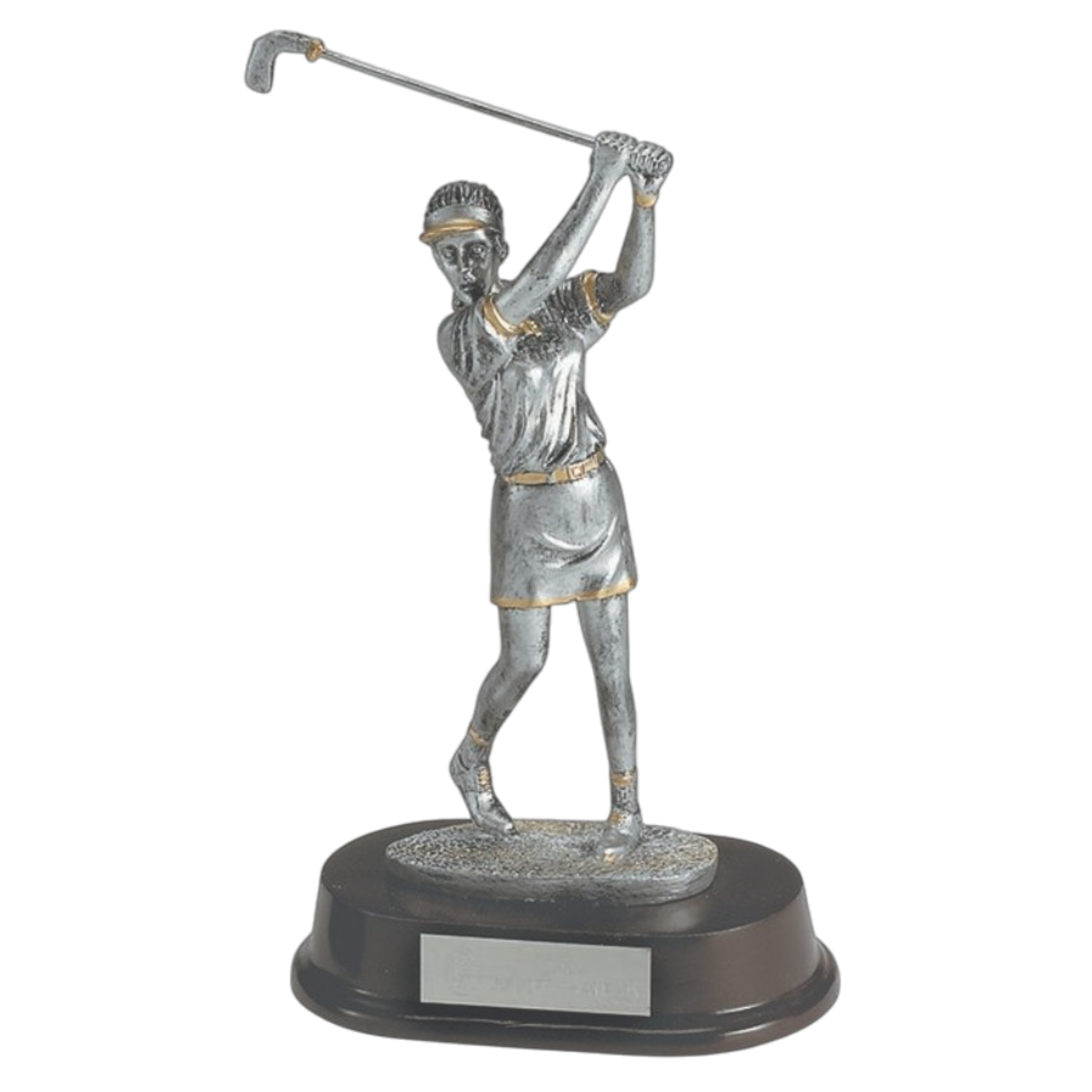 Silver And Gold Resin Female Golf Statue On Rosewood Base