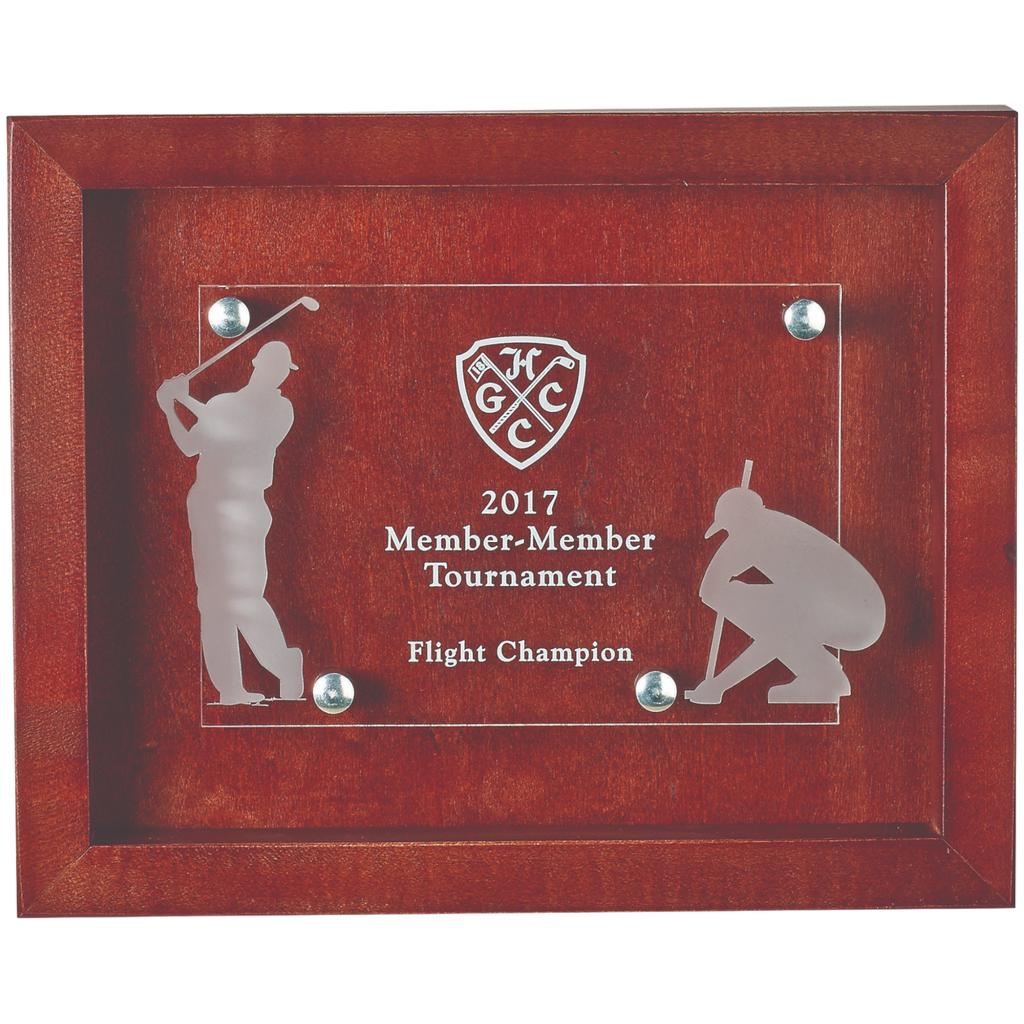 Rosewood Shadow Box With Cutout Of Male Golf Partners On Clear Acrylic