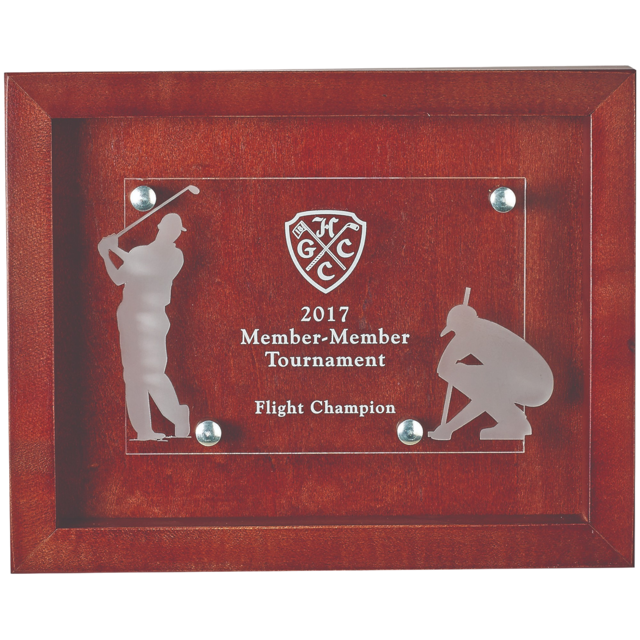 Rosewood Shadow Box With Cutout Of Male Golf Partners On Clear Acrylic